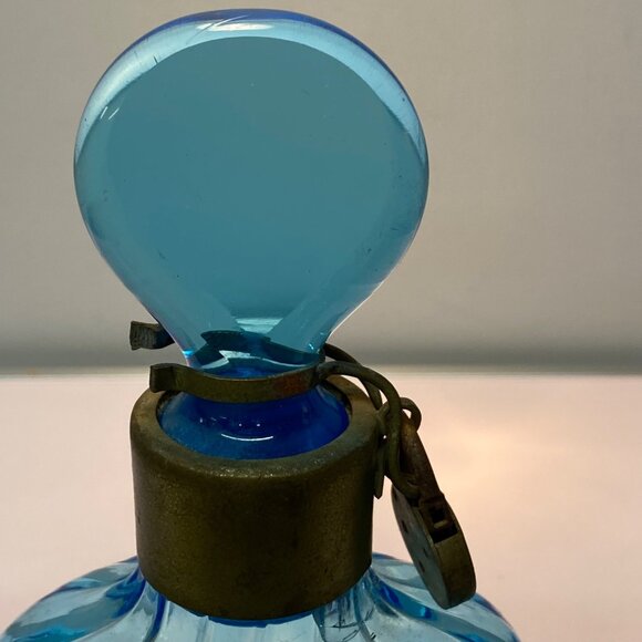 Vtg Blue Glass Apothecary Liquor Bottle UV Reactive Metal Locking Collar Stopper - Picture 12 of 16